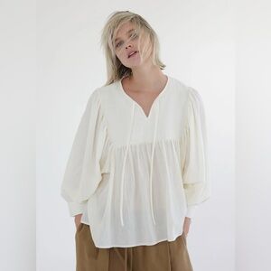 NWOT Amente Women’s Quilted Peasant Blouse Top Ivory Beige Cotton Size L Boho